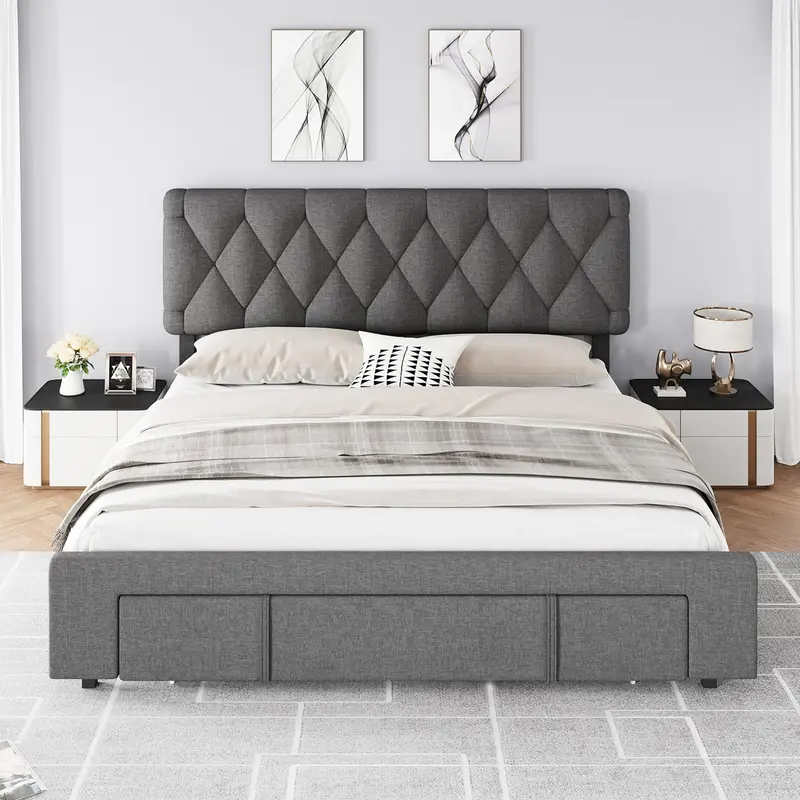 Garvee Full Size Bed Frame, Upholstered Platform Bed Frame with Storage Drawer, Mattress Foundation with Solid Wooden Slats S...