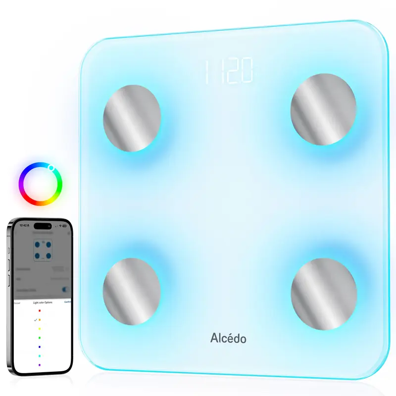 Alcedo Smart Scale for Body Weight, 7-Color Glowing Bluetooth Digital Bathroom Scale for BMI and Body Fat, Body Composition M...