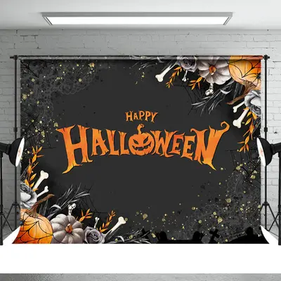 Orange Scary Pumpkin Black Happy Halloween Backdrop - Aperturee
