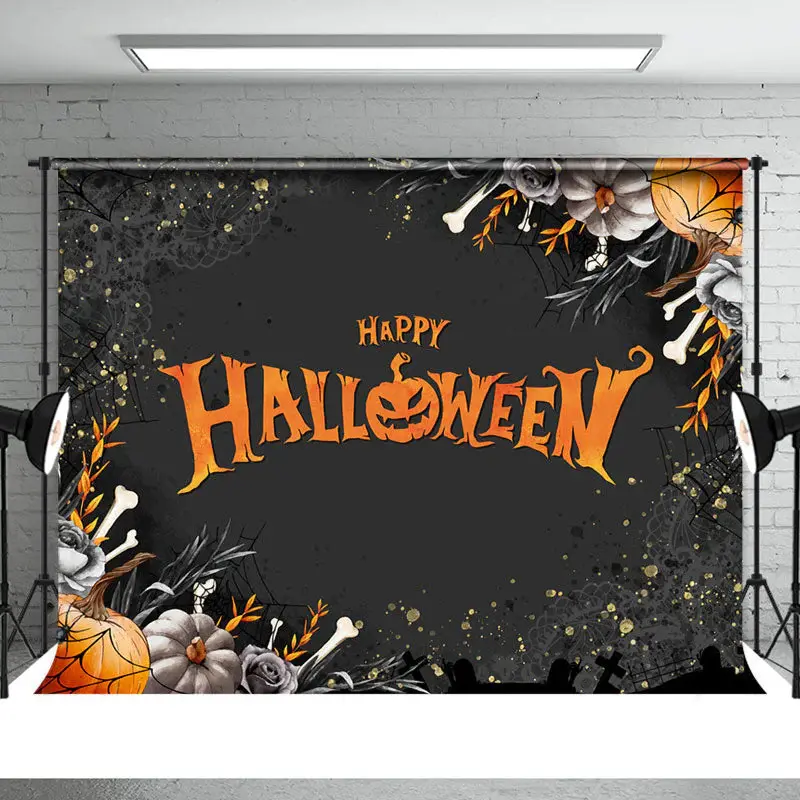 Orange Scary Pumpkin Black Happy Halloween Backdrop - Aperturee