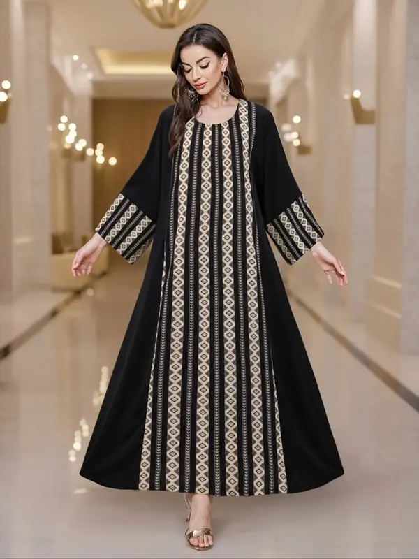 Elegant Maxi Dress, Round Neck Long Sleeve, Ethnic Style, Loose Fit, All Seasons Wear, Fashionable Women's Clothing