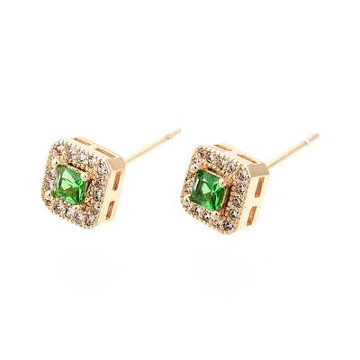 Green Glass Square Stud Earrings with Cubic Zirconia