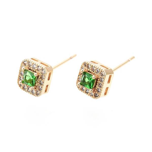 Green Glass Square Stud Earrings with Cubic Zirconia