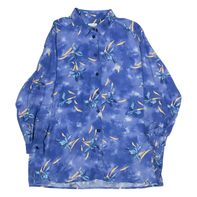 COLDOR Womens Hawaiian Shirt Blue Floral Long Sleeve XL