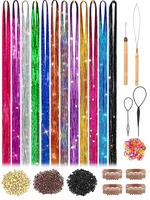 Glitter Hair Tinsel Kit, 12 Mixed Color Hairpiece with Tools, Heat Resistant Hair Accessories for Girls Women Kids, Strand