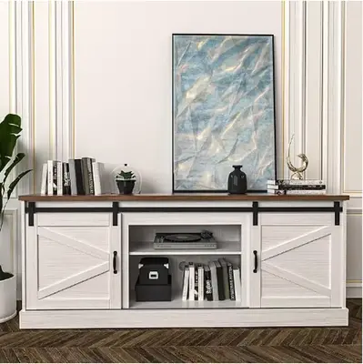 Farmhouse TV Stand up to 65 Inches TV, Sliding Barn Door Entertainment Center, TV Cabinet Storage Shelves, Media Furniture fo...