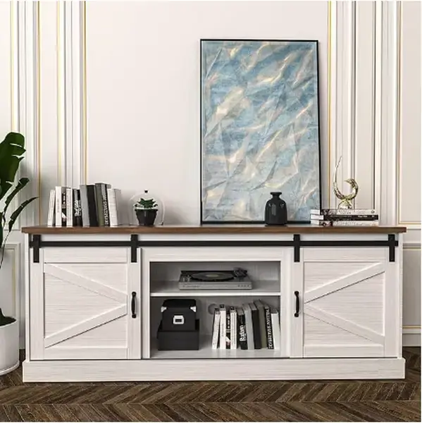 Farmhouse TV Stand up to 65 Inches TV, Sliding Barn Door Entertainment Center, TV Cabinet Storage Shelves, Media Furniture fo...
