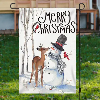 Snowy Snowman Deer Tree Merry Christmas Garden Flag - Aperturee