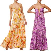 Women's Long Beach Dress Sleeveless Spaghetti Strap Cross Tie-up Front Floral Print Dress Midi Slip Dress