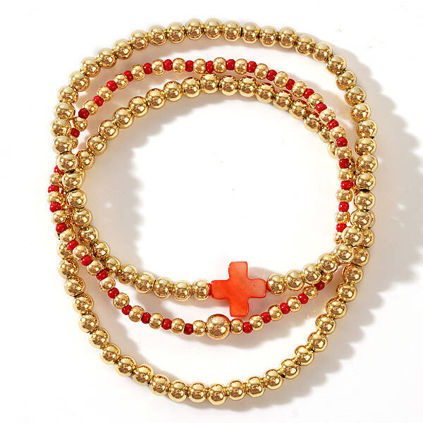 3Pcs Golden Luxury Brass Beaded Gothic Cross Ladies Elastic Bracelet Sets
