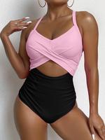 Women's Colorblock Criss Cross One-piece Swimsuit, Casual Cut Out Knot Back One Piece Swimwear for Summer, Women's Swimsuit f...
