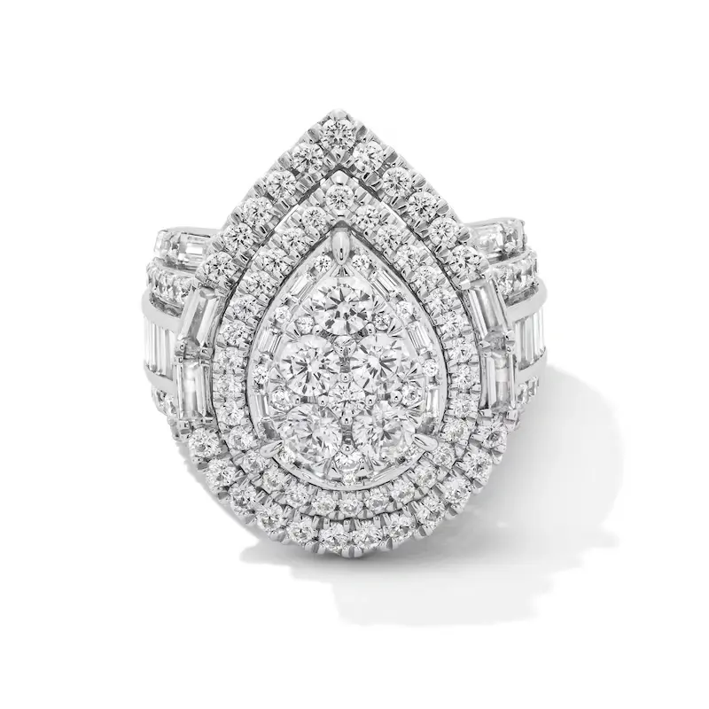 14K White Gold 4 CT.T.W. Pear Cut Cut Multi-Diamond Triple Frame Multi-Row Engagement Ring D-VVS1 3EX