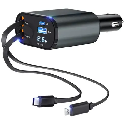 4 in 1 Retractable Car Charger, USB C Fast Charging Adapter[Max100W] with Lightning Cable&Dual Charge Port Compatible with iP...