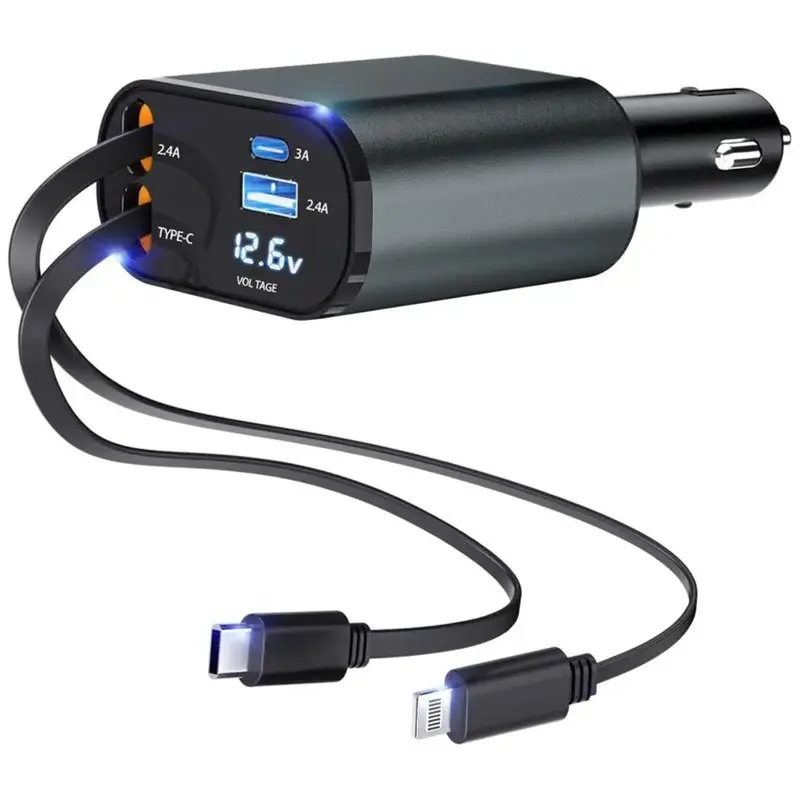 4 in 1 Retractable Car Charger, USB C Fast Charging Adapter[Max100W] with Lightning Cable&Dual Charge Port Compatible with iP...