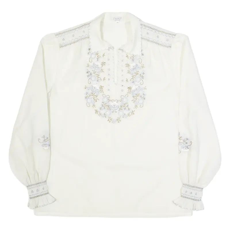 BEX Embroidered Womens Printed Shirt Cream Collared Long Sleeve Floral M