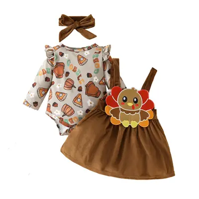 0-18M Baby Girls Thanksgiving Outfits Clothes Skirt Set Ruffled Long Sleeve Jumpsuit Turkey Corduroy Overalls Skirt Headband ...