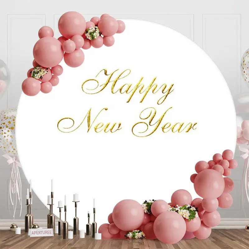 Gold And White Happy New Year Circle Backdrop For Party - Aperturee