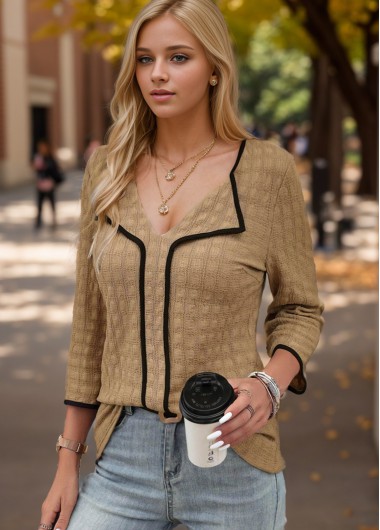 Modlily Dark Camel Contrast Binding Patchwork Blouse - XL