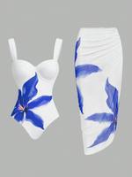 Women's Colorblock Floral Print One-piece Swimsuit & Tulle Cover Up Skirt Set, Casual Fashion Swimwear Set for Beach Holiday ...