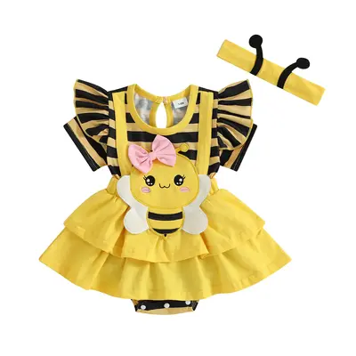 TheFound Newborn Baby Girl Summer Clothes Short Sleeve Bee Patch Romper With Headband Cute Infant Girl Clothes