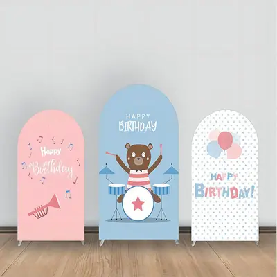 Blue Pink Drum Set Bear Birthday Arch Backdrop Kit - Aperturee