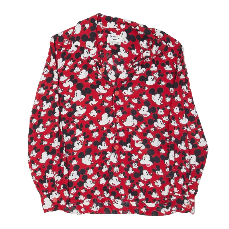 DISNEY Ernest Le Gamin Mickey Mouse Shirt Red Viscose Crazy Pattern Long Sleeve Girls 8Y