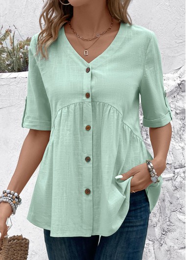 Modlily Light Green Patchwork Short Sleeve V Neck Blouse - XL
