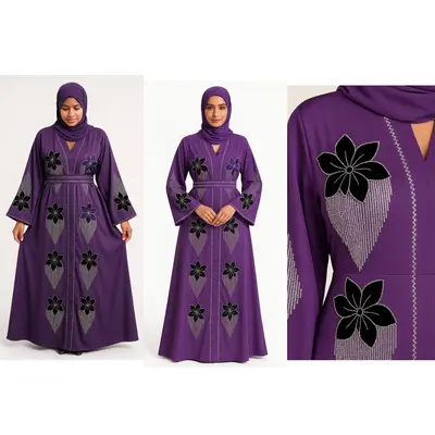Dubai Abaya Elegance Purple with Black Floral Embroidery Soft Silky Scarf & Matching Belt Hand Wash Only Cultural Fashion Ens...