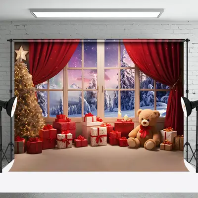 Aperturee Teddy Bear Window Curtain Aurora Christmas Backdrop