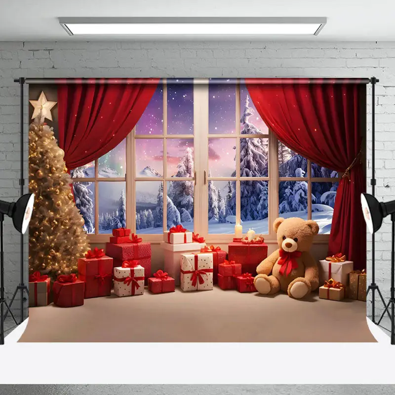 Aperturee Teddy Bear Window Curtain Aurora Christmas Backdrop