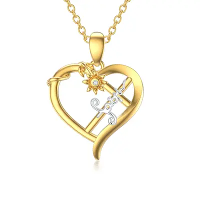 14K Gold Cubic Zirconia Sunflower & Cross & Heart Pendant Necklace with Engraved Word