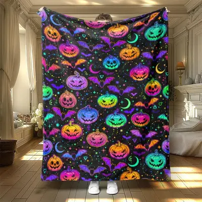 Halloween Themed Blanket, 1 Count Colorful Pumpkin Soft Warm Nap Throw Blanket, Cool Bedroom Bedding Blankets for Home Office...