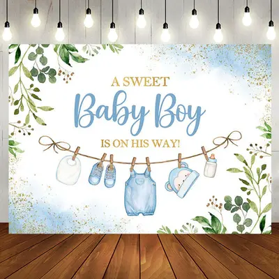 White Blue Green Leaves Boys Baby Shower Backdrop - Aperturee