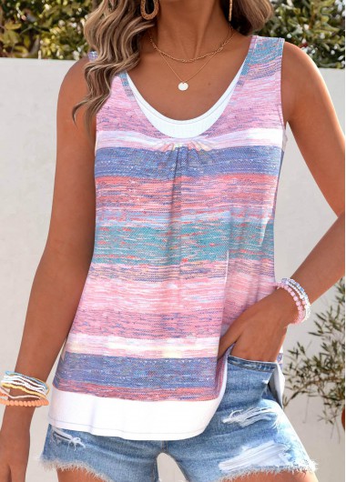 Modlily Pink Tummy Coverage Striped Sleeveless Scoop Neck Tank Top - S
