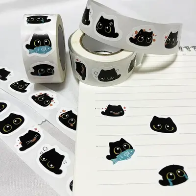 Cute Cat Pattern Sticker (500pcs/roll), Adhesive Decorative Sticker, DIY Decals for Water Bottle, Laptop, Phone Case, Scrapbo...