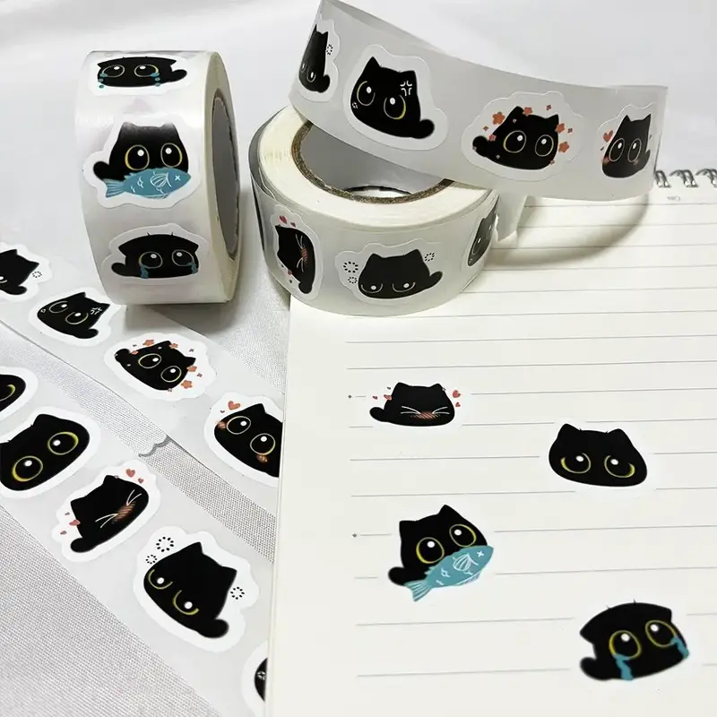Cute Cat Pattern Sticker (500pcs/roll), Adhesive Decorative Sticker, DIY Decals for Water Bottle, Laptop, Phone Case, Scrapbo...