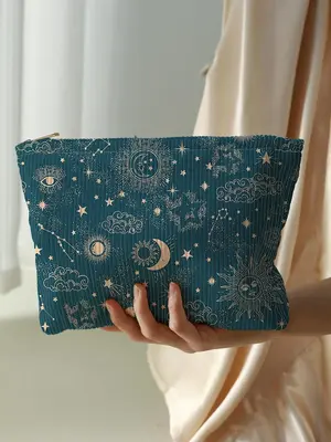Cute Star & Moon Pattern Corduroy Makeup Bag, Lightweight Multifunctional Cosmetic Storage Bag, Casual Versatile Compact Zipp...