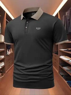 Men's Regular Fit Letter Print Shortsleeve Contrast Trim Polo Shirt, Casual Comfy Collared Half Zip Top for Summer, Fashion M...