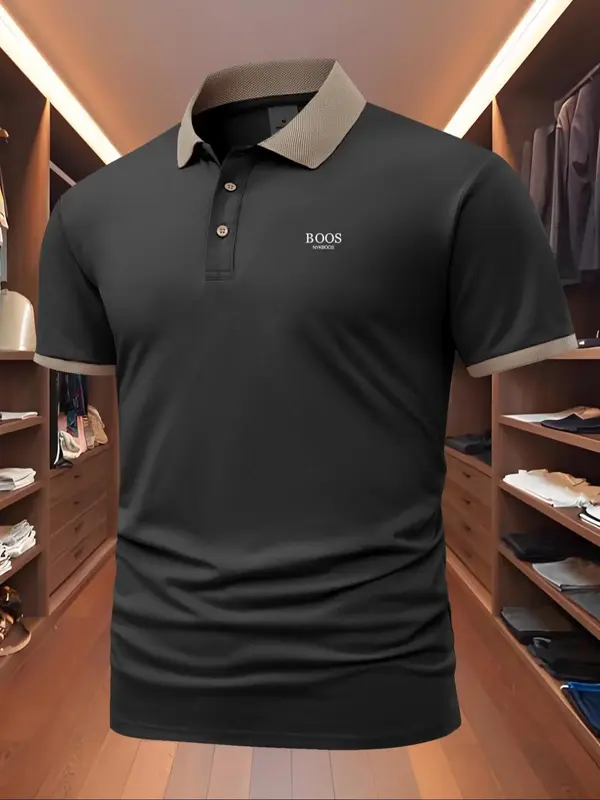 Men's Regular Fit Letter Print Shortsleeve Contrast Trim Polo Shirt, Casual Comfy Collared Half Zip Top for Summer, Fashion M...
