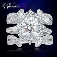 SOLIVINE 3CT Radiant Cut Halo 925 Silver Jewelry Ring Set with 5A Cubic Zirconia – 3-Piece Stackable Engagment Ring for Wom...