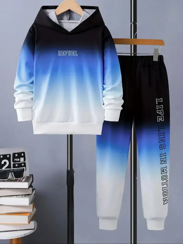 Two-piece Set Boy's Ombre Letter Print Hoodie & Sweatpants Set, Casual Long Sleeve Hooded Sweatshirt & Jogger Pants for Sprin...