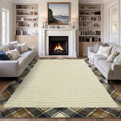Garvee Modern Checkered Bordered 9x12 Rug Washable Stain Resistant Soft Low Pile Non Slip Foldable Indoor Living Room Bedroom