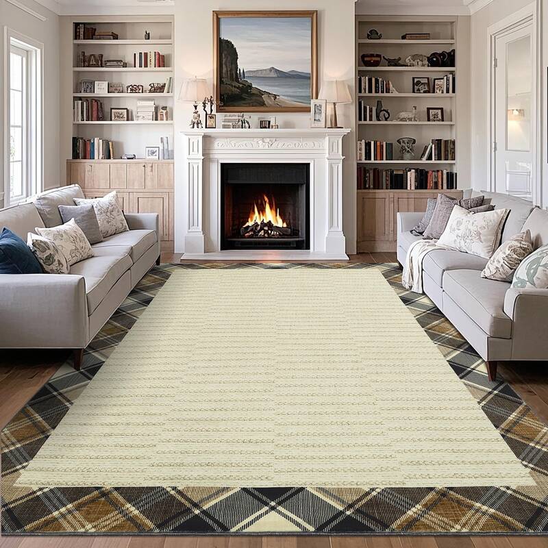 Garvee Modern Checkered Bordered 9x12 Rug Washable Stain Resistant Soft Low Pile Non Slip Foldable Indoor Living Room Bedroom