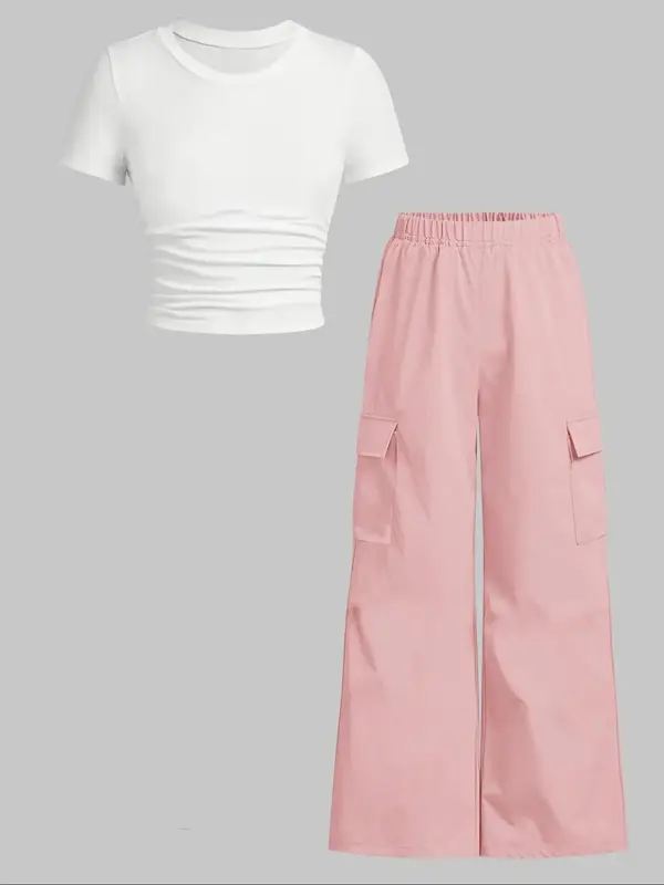 Two-piece Set Girl's Solid Ruched Top & Pocket Cargo Pants Set, Casual Short Sleeve Round Neck Top & Elastic Waist Trousers f...