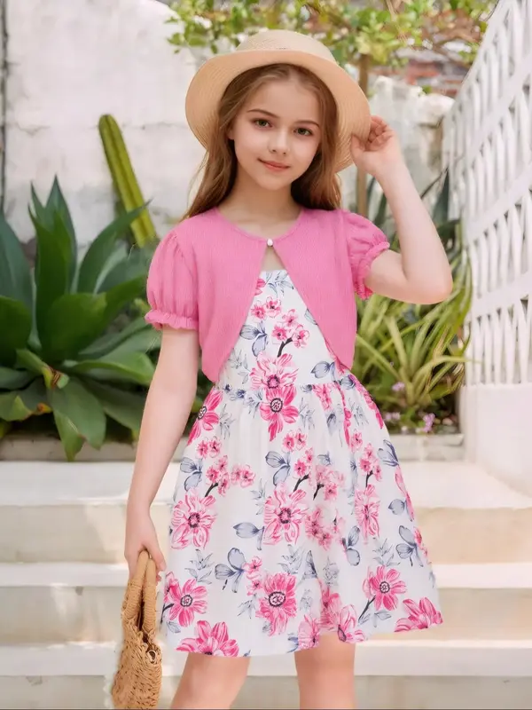 Girl's Floral Print Dress & Plain Top Two-piece Set, Casual Fashion Short Sleeve Set for Daily Outdoor Wear, Kids Clothes for...