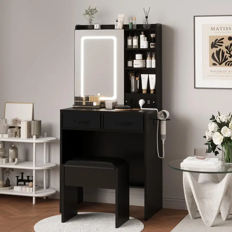 Garvee Makeup Vanity Desk with Mirror and Lights, Vanity Table with Charging Station, Power Outlets & USB Ports, Drawers, She...