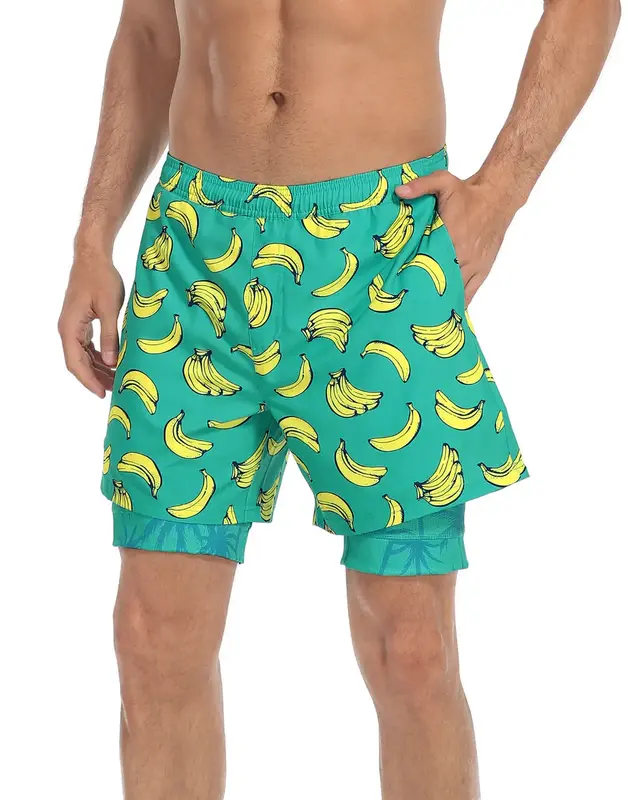 LRD Men's Printed 5 Swim Trunks with Compression Liner and Pockets - Quick Dry Beach Shorts for Men