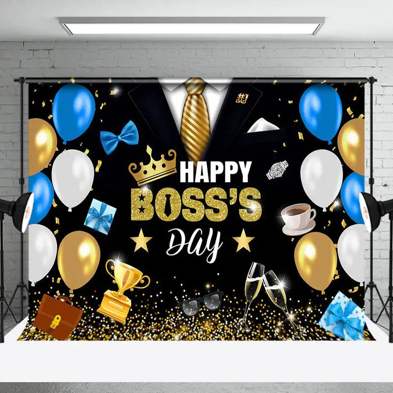 Blue Balloons Black Suit Happy Bosss Day Backdrop