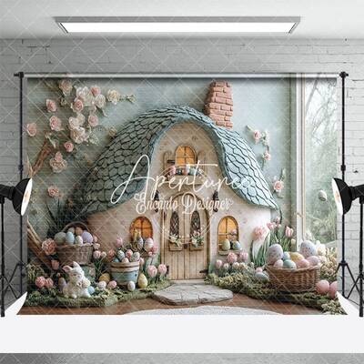 Aperturee Green Magical House Floral Eggs Easter Backdrop, 3X2FT(1MX0.6M), 14 USD, easter backdrops, ENHD3J42-M