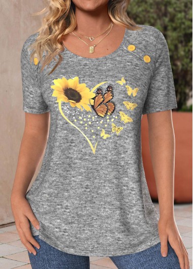 Modlily Light Grey Marl Button Sunflower Print T Shirt - L